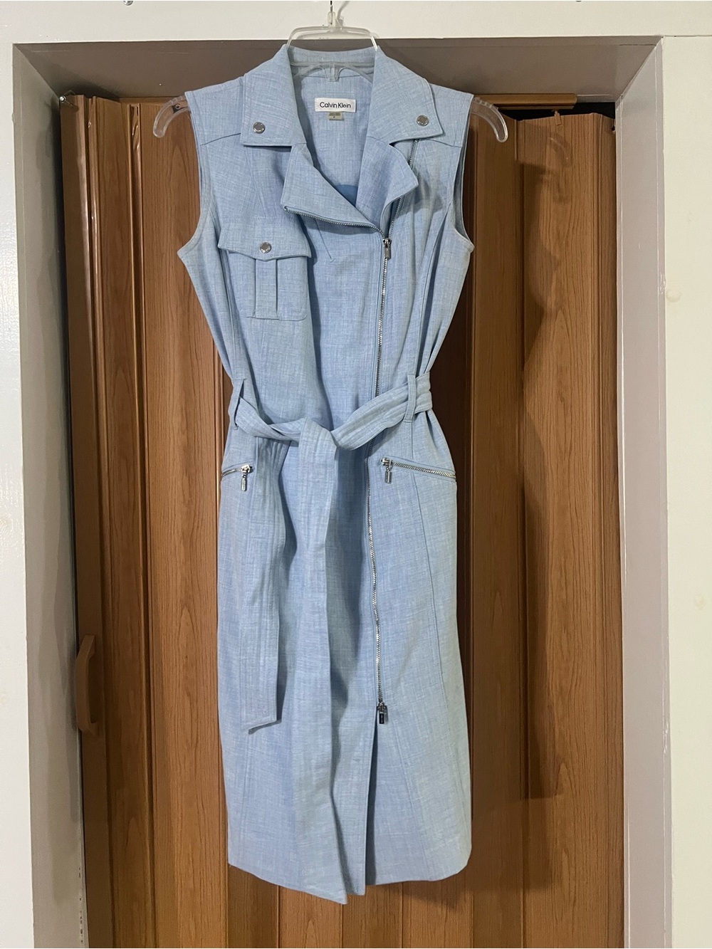 Calvin Klein Pale Blue Sleeveless Belted Moto Dress